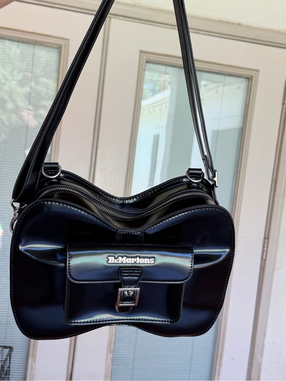 Dr. Martens Black Patent Bow-Shape Shoulder Bag with Gold Hardware - Picture 6 of 6